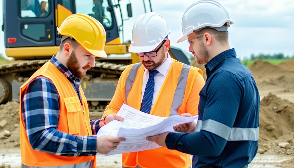 Engineers reviewing project plans on a construction site Engineers reviewing project plans on a construction site