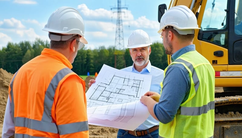Civil engineering professionals reviewing construction plans on site Civil engineering professionals reviewing construction plans on site